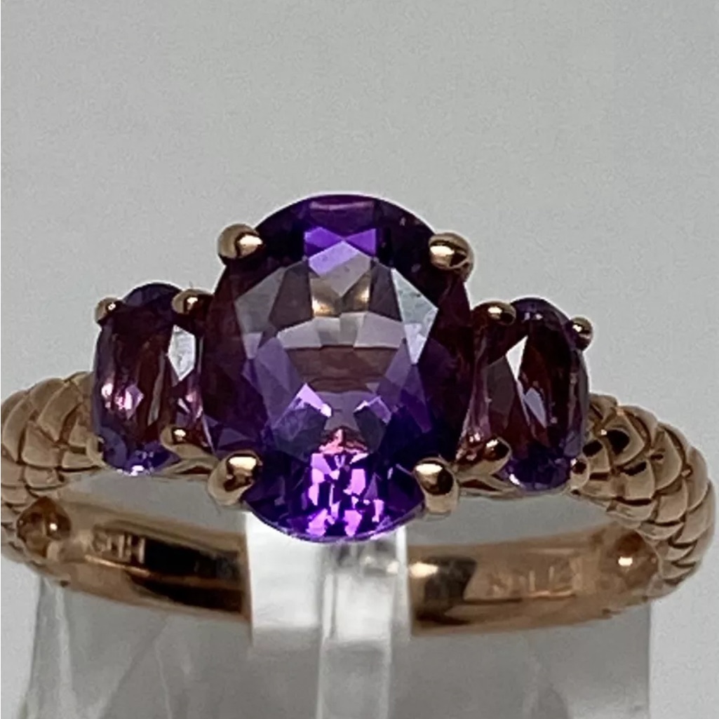 10k Rose Gold Three Stone Oval Shape Amethyst Ring Size 7 New February Gem